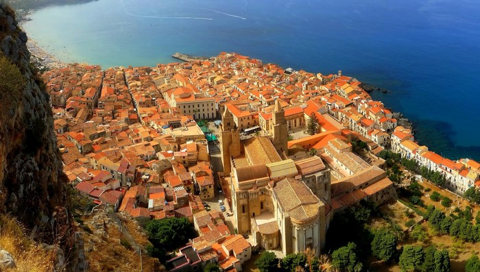Aerial view of Cefalu, Sicily, Italy with the cathedral