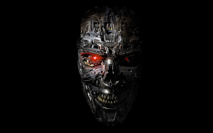 Terminator robot face with glowing red eyes