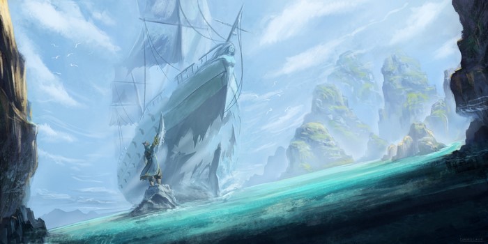 Kunkka from DOTA 2 on a ship near rocky islands