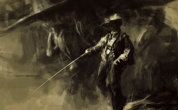 Musketeer with sword in dark painting