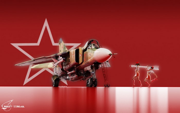 MiG-23 fighter jet with two women carrying a missile