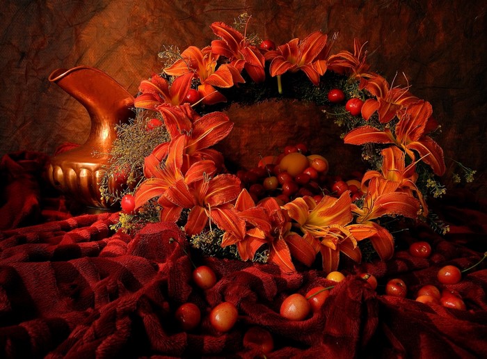 Still-life with orange lilies, cherries, and a copper jug