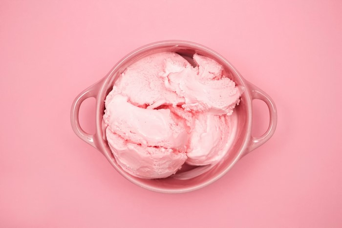 Pink ice cream in a pink bowl
