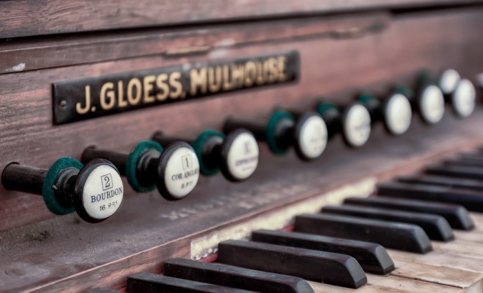 J. Gloess Mulhouse pipe organ stops and keys