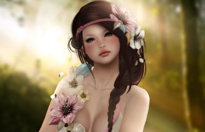 Brown haired woman with flowers in her hair