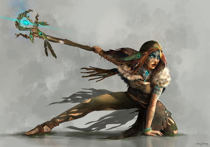 Warrior woman with mage staff and peacock feathers