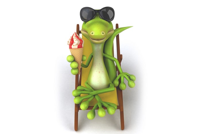Lizard wearing sunglasses eating ice cream on a lounge chair