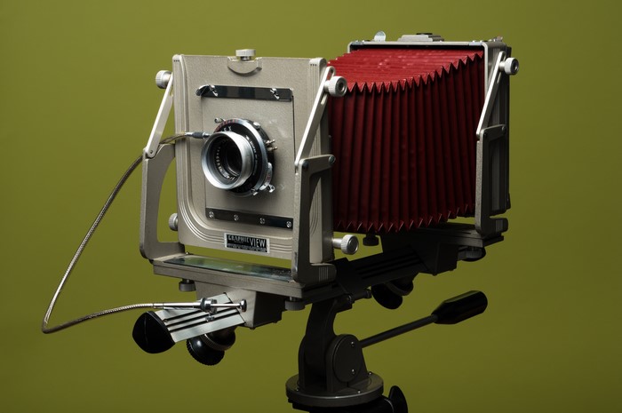 Graflex Graphic View retro camera on tripod
