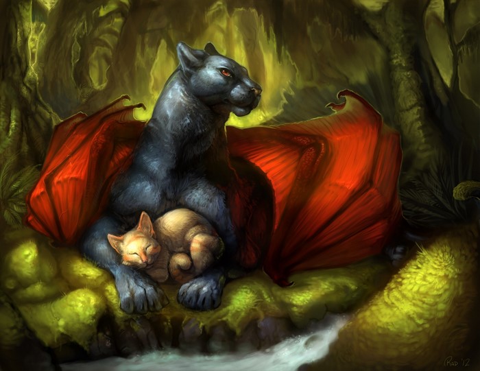 Winged black panther with a sleeping kitten