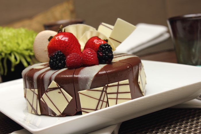 Chocolate cake with berries and white chocolate decorations