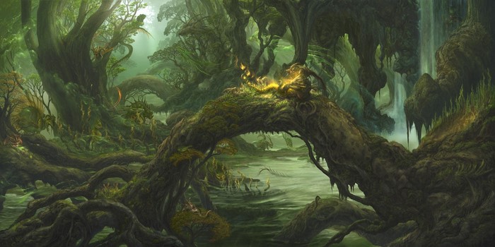 Fantasy forest with supernatural beings and waterfall