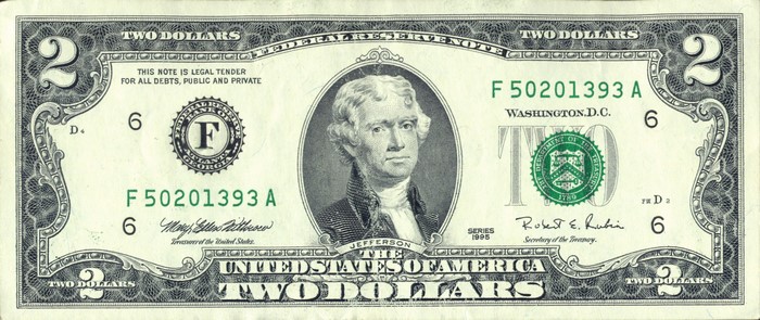 Two Dollar Bill Featuring Thomas Jefferson