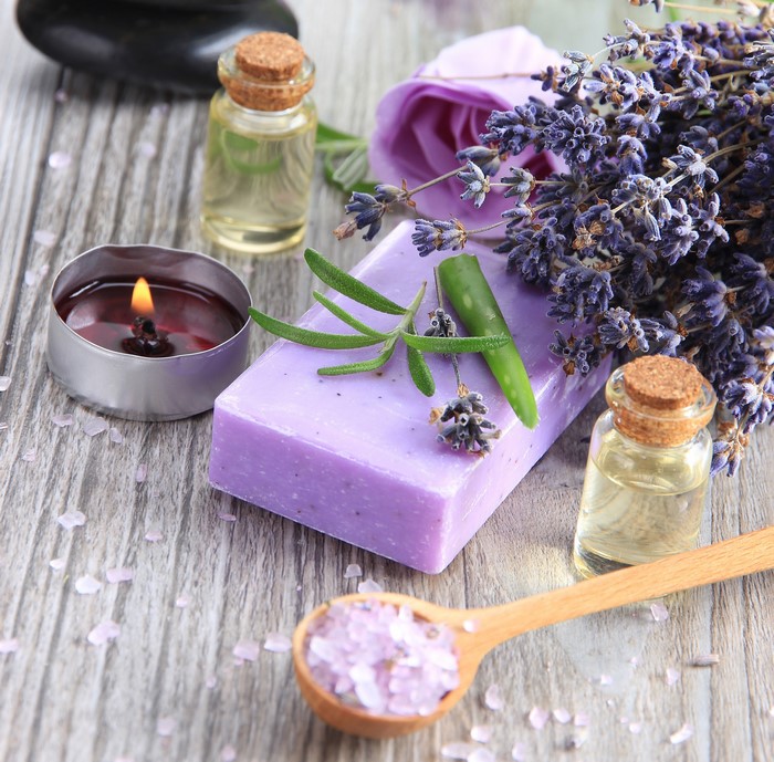 Lavender spa set with soap, oil, candle, and salt
