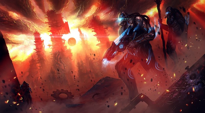 Warriors in a burning city with explosions