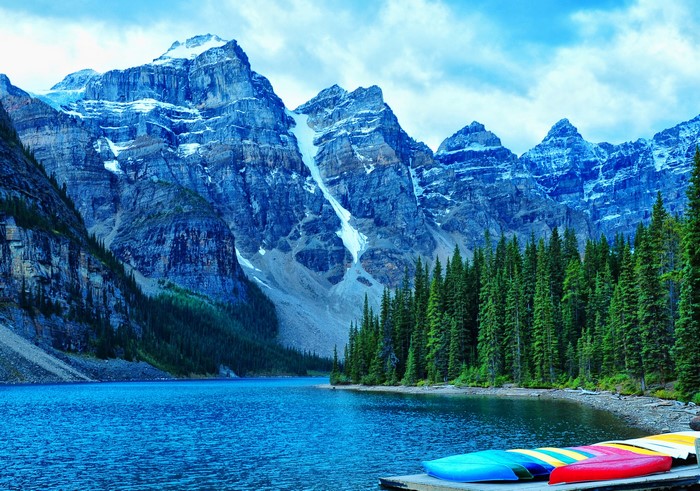Moraine Lake with Canoes and Mountains, Canada
