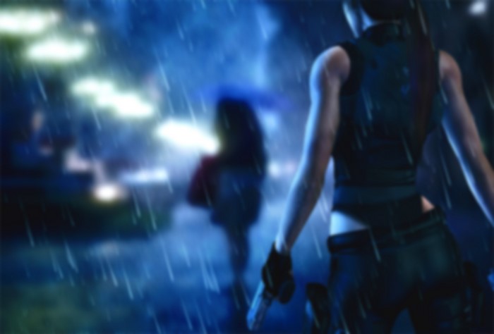 Lara Croft from Tomb Raider in the rain