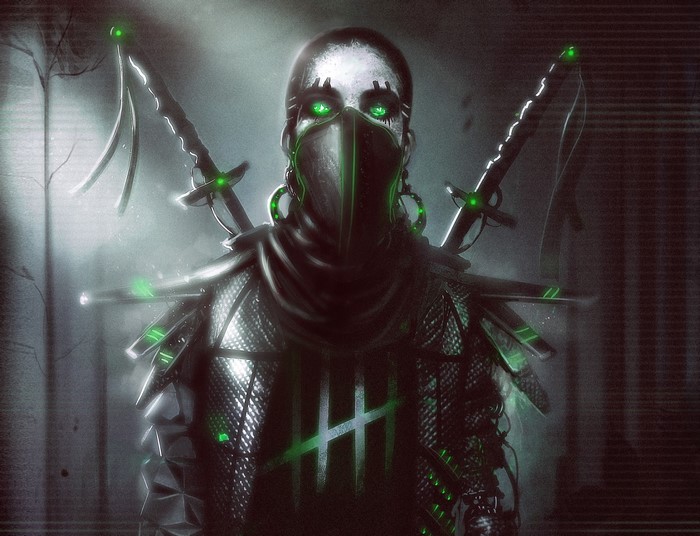 Cyberpunk warrior with glowing green eyes and swords