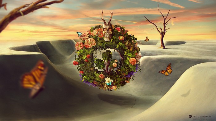 Surreal Wreath with Skull and Butterflies in Desert Landscape