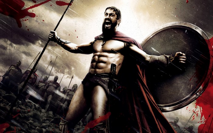 Leonidas from 300 holding a spear and shield