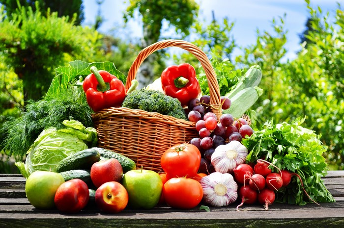 Basket of fresh vegetables and fruits