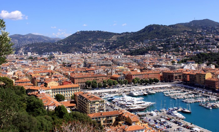 View of Nice, France with marina and hills
