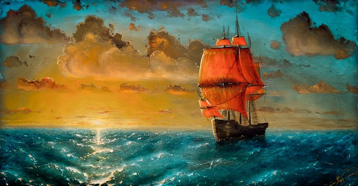Painting of a ship with red sails at sunset