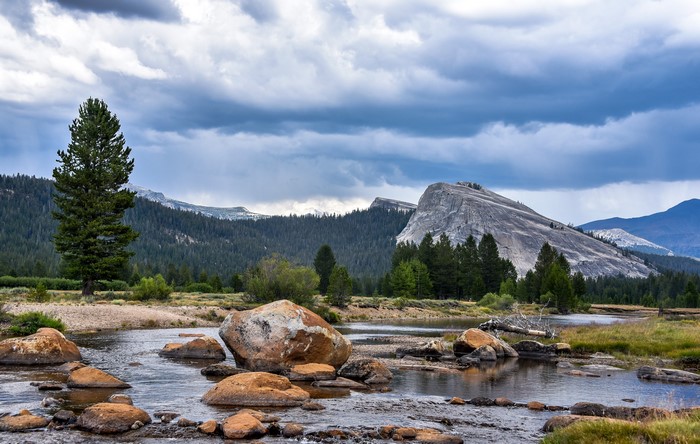 Yosemite National Park Scenery with Mountains and Stream