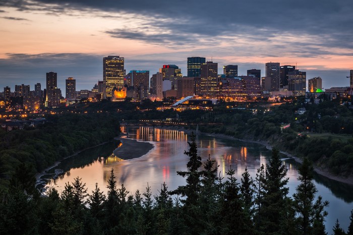 Edmonton skyline and river at dusk