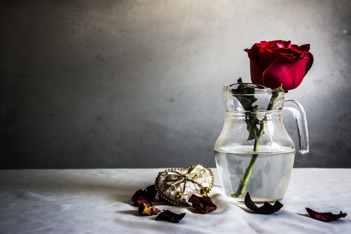 Red Rose in a Jug with Heart Decoration