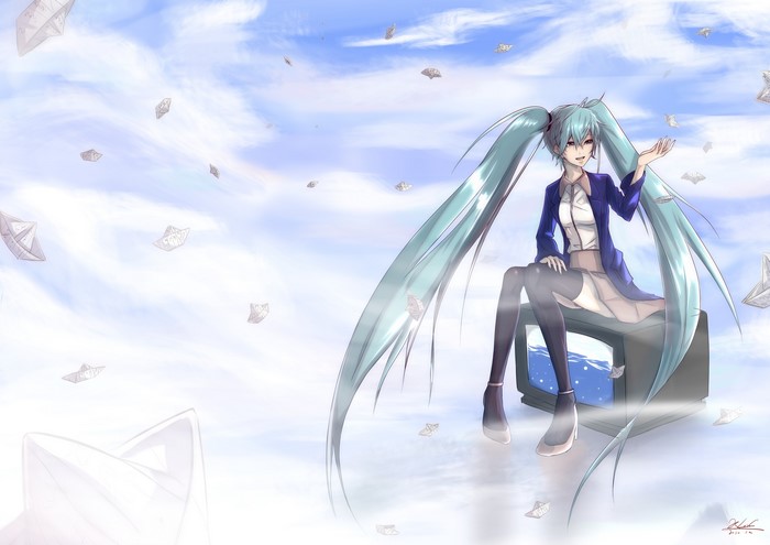 Hatsune Miku sitting on a TV set in the sky
