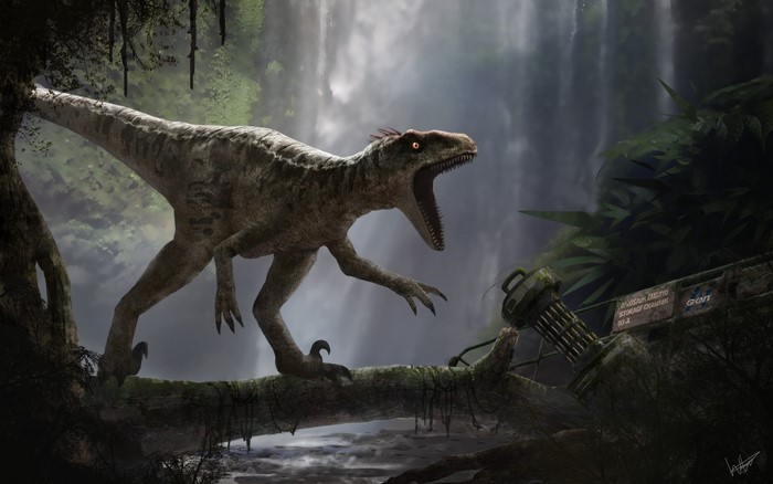 Velociraptor in a jungle with a waterfall