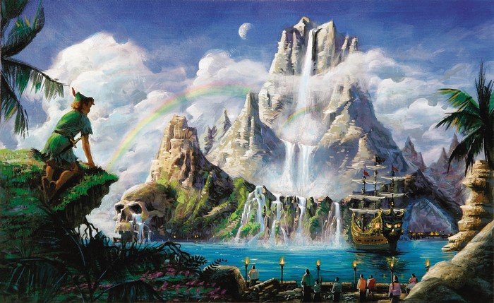 Peter Pan on a cliff overlooking Neverland with waterfalls and a pirate ship