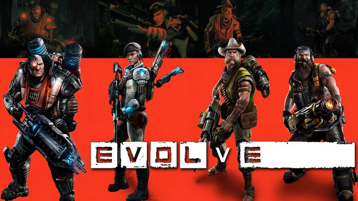 Evolve game characters on red background