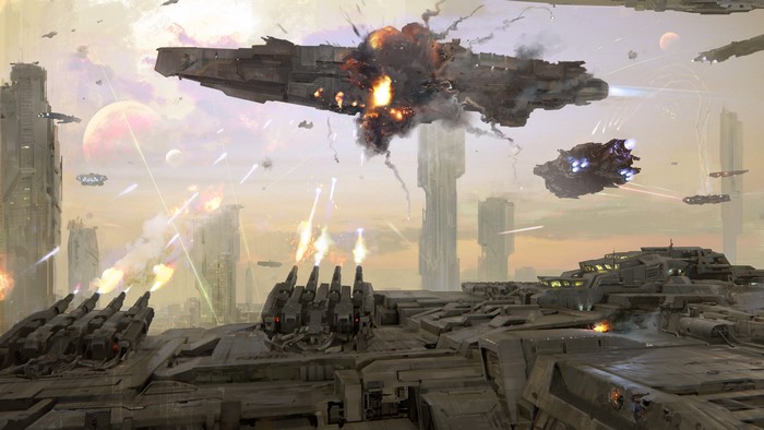 Space Battle with Exploding Dreadnoughts and Cityscape