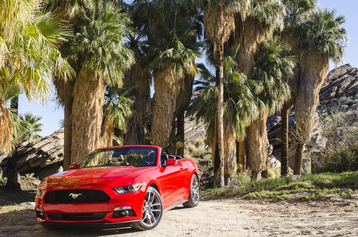 Red Ford Mustang Convertible in Palm Trees