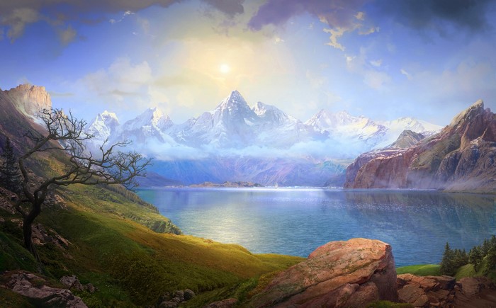 Lake with mountains and a bare tree
