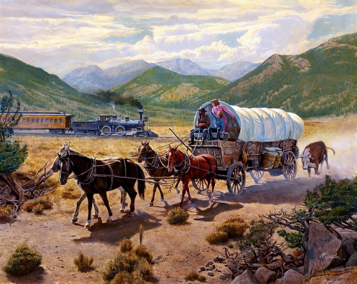 Covered Wagon and Train in Mountains by Mort Kunstler