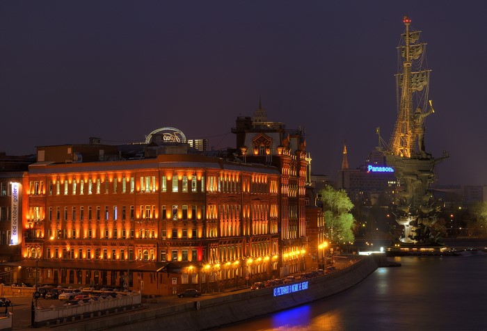 Peter the Great Monument and Red October Gallery at Night, Moscow