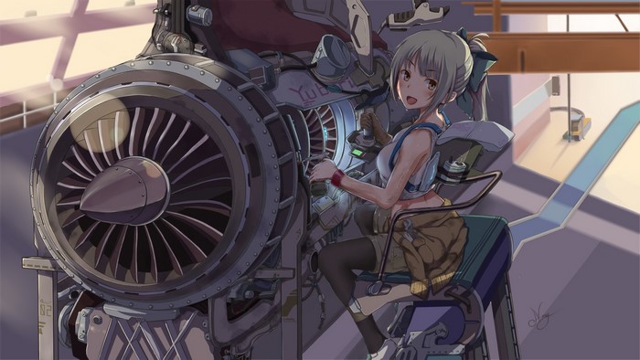 Yuubari from Kantai Collection working on a jet engine
