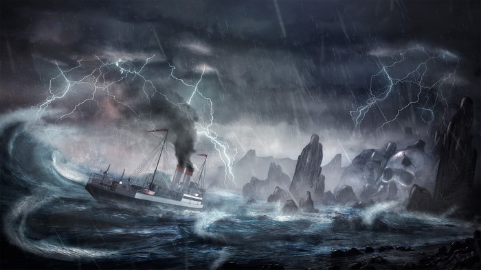 Ship in a stormy sea with lightning and rocks