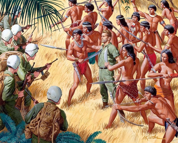 Mort Kunstler painting of US soldiers confronting indigenous warriors
