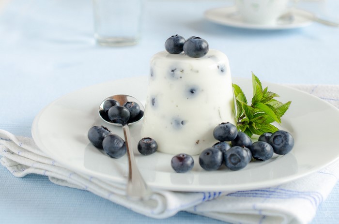 Blueberry Panna Cotta with Mint and Spoon