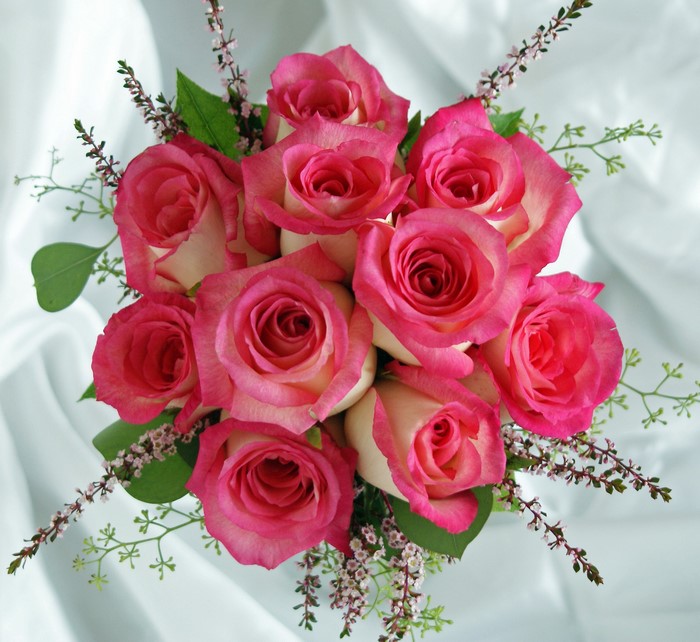 Bouquet of pink and white roses with greenery