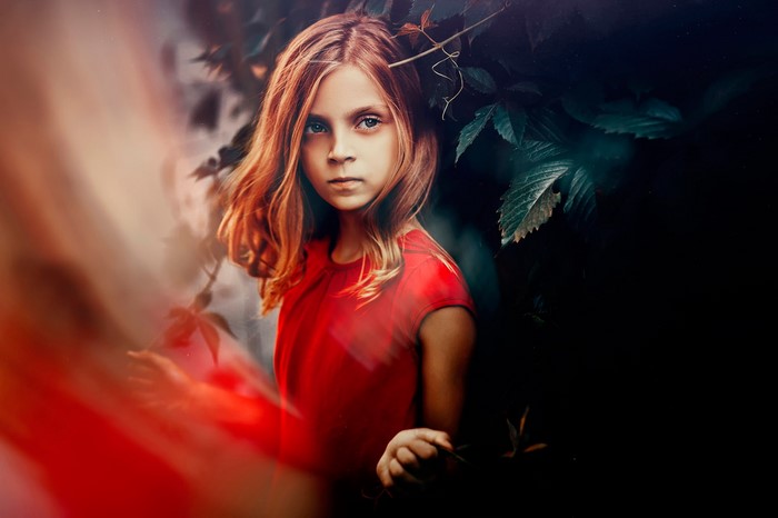 Girl in red dress with brown hair