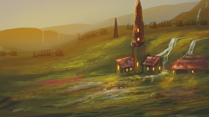 Fantasy village with tower and waterfalls