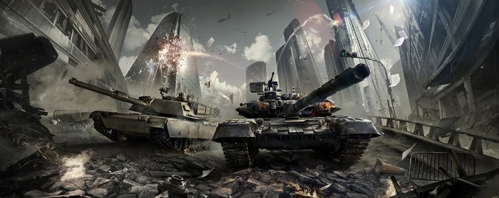 Tanks in a destroyed city with skyscrapers