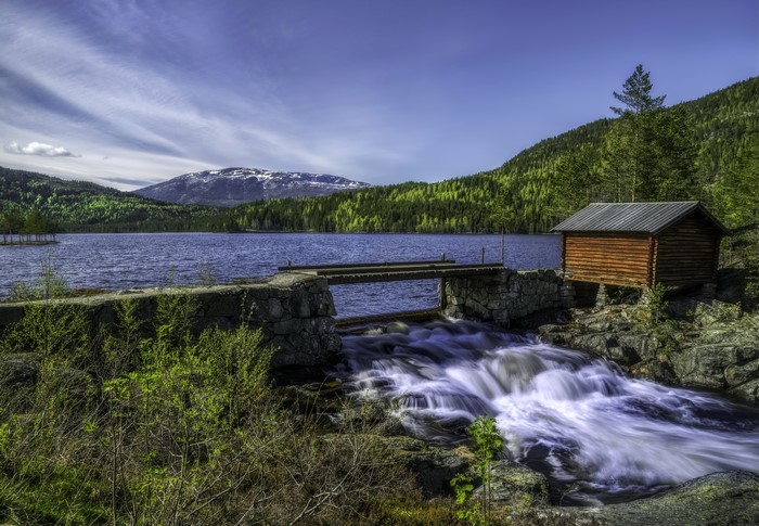 Norway Lake with Waterfall and Cabin