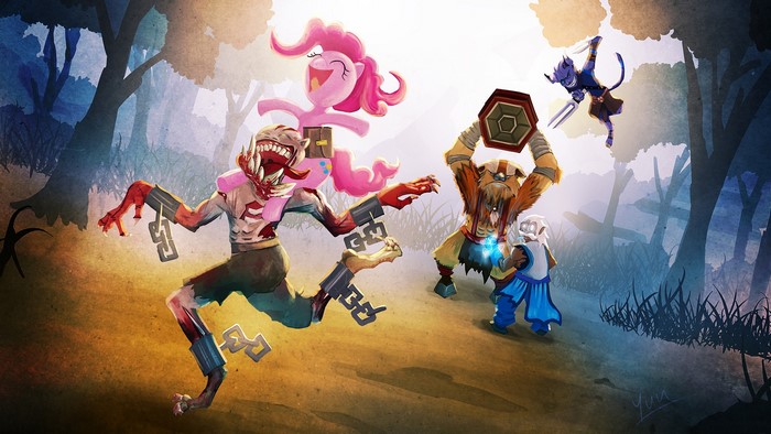 Pinkie Pie riding Lifestealer fighting DOTA 2 heroes