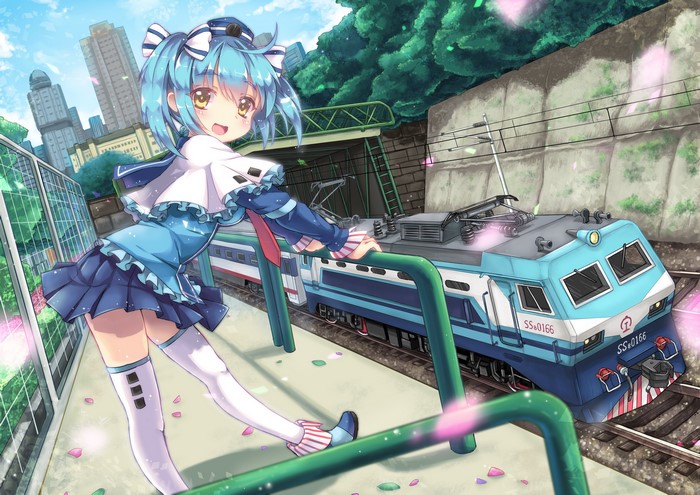 Girl with blue hair and a train