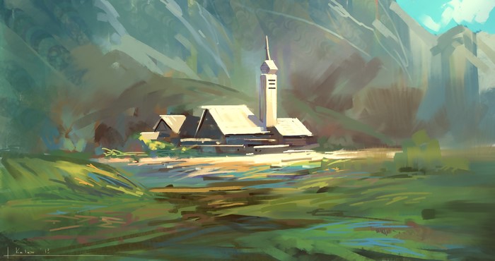 Painting of houses in a valley with mountains